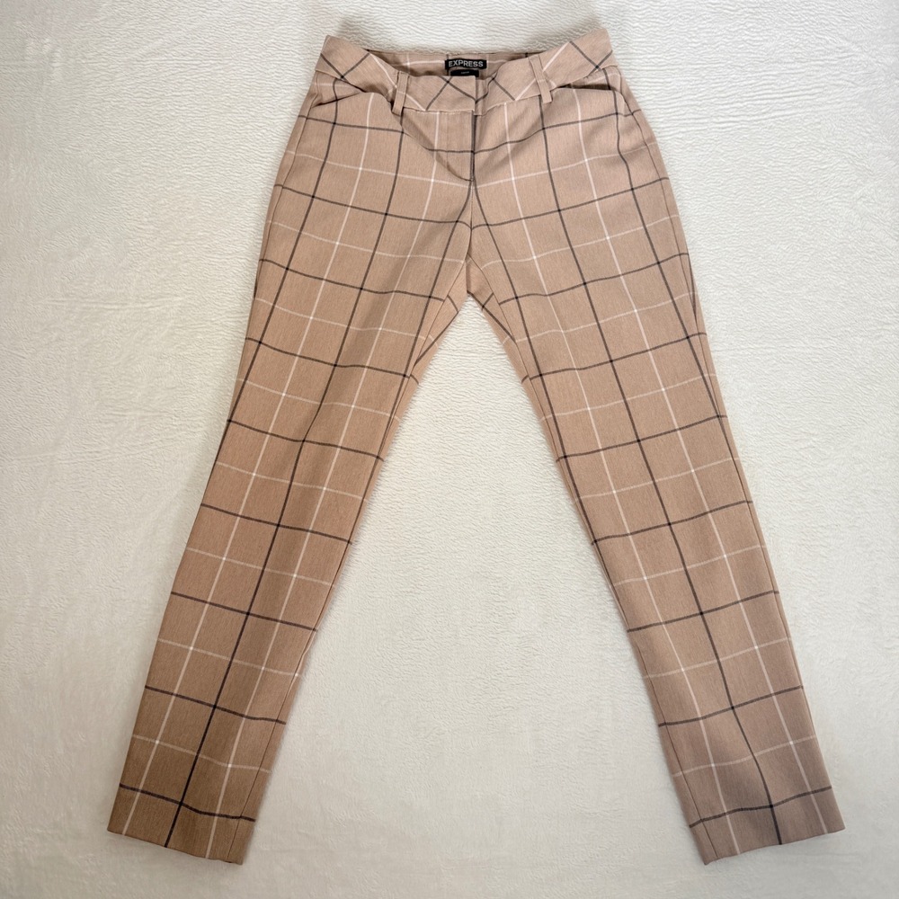 Express Editor Plaid Windowpane Dress Pants Size 00R Tan Women academic Career